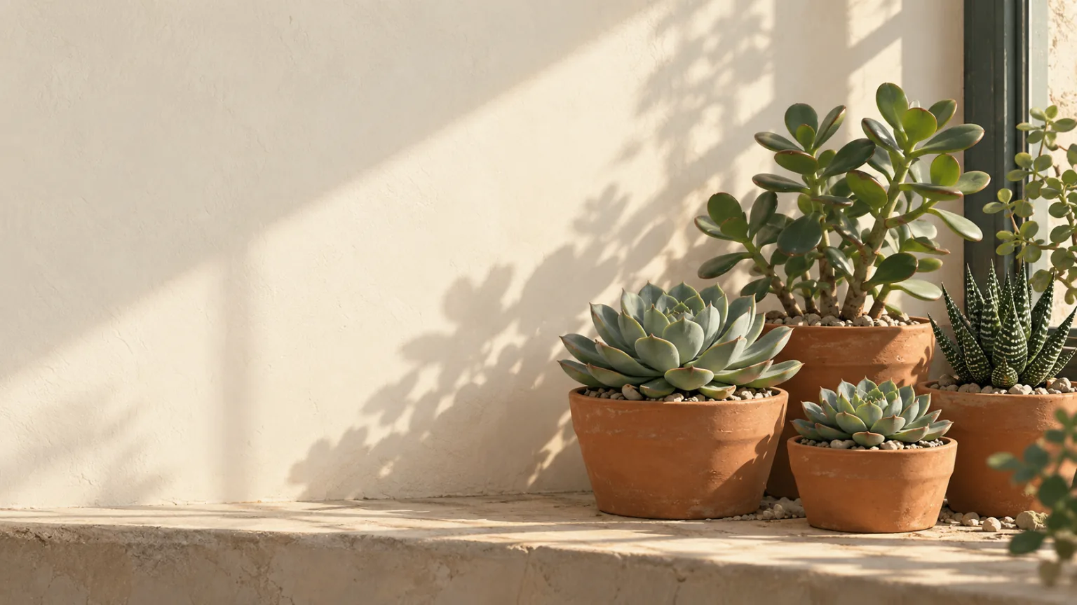 Illustration de succulentes en pots de terre cuite sur un rebord de fenêtre ensoleillé