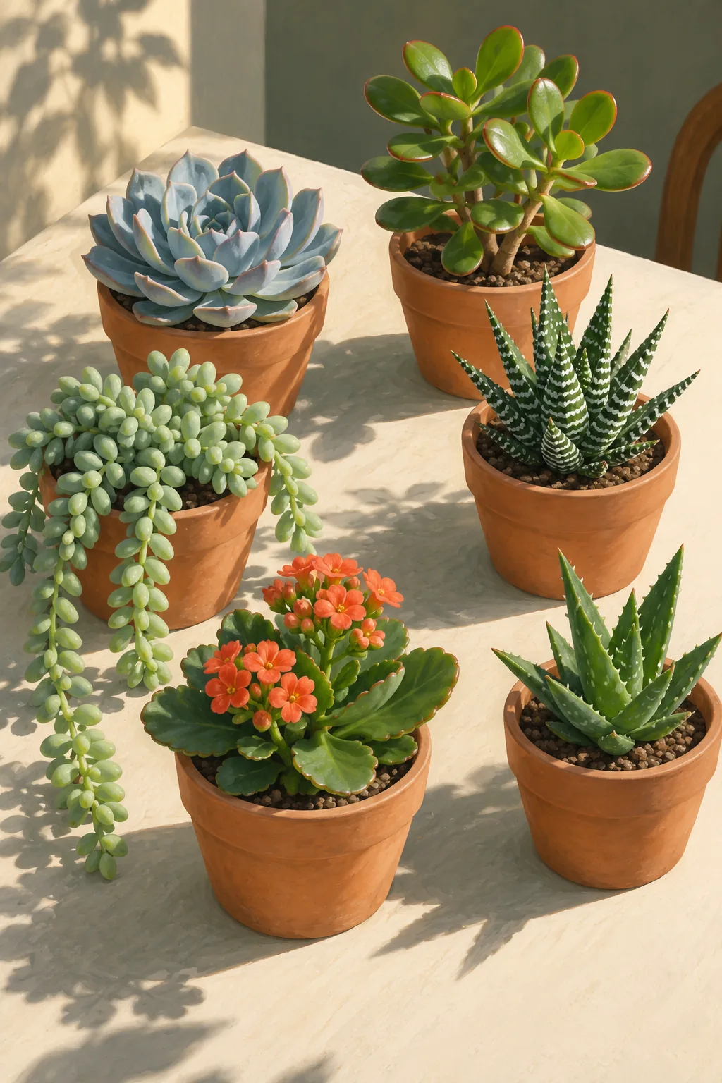 Illustration de six succulentes de formes différentes, chacune dans son pot de terre cuite
